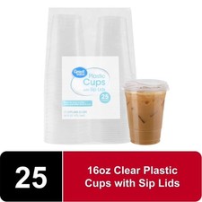 Disposable Plastic Cups with Lids 16 oz Clear 25 Count Cold Drink Party Supplies