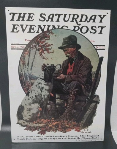 Vintage THE SATURDAY EVENING POST Hunter and Spaniel Metal Advertising Sign!