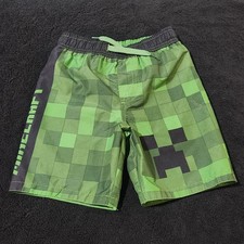 Minecraft Boys Swim Trunks Shorts   Green Creeper Pixel Print   Size S