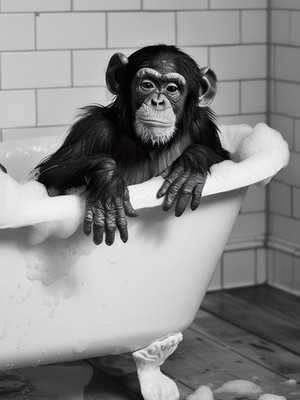 Verspielter Affe Badezeit - Lustiges Tier Badezimmer Poster Schwarz-Weiß Kunstwerk