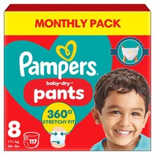 Pampers Baby Dry Nappy Pants Size 8 117 Nappies 17kg Monthly Pack 360° Fit To 0.40 per nappy