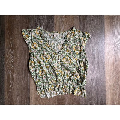 Loft Floral Blouse Women Medium Green Smocked Waist V-Neck Flutter Sleeve Top