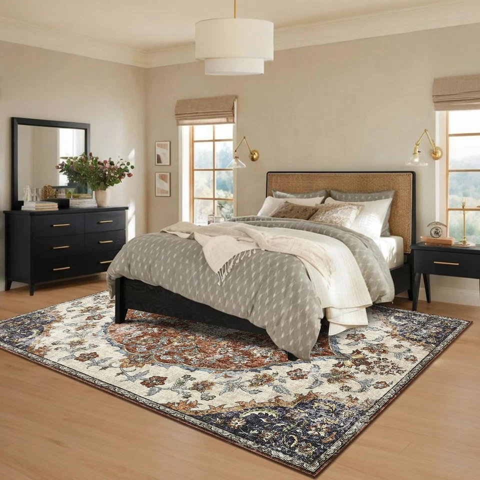 Tapete de área grande 10x13, tapete de área medalhão floral lavável vintage para viver R... - Imagem 4 de 4