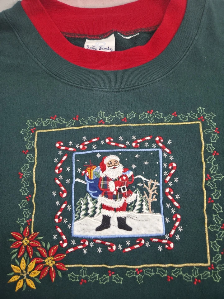Bobbie Brooks Woman Green Red Embroidered Santa Claus Sweatshirt Pullover Sz 3XL - Image 4 of 4