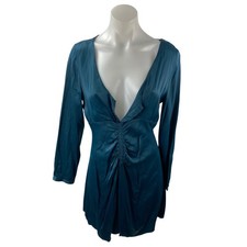 Zara Green Silky Satin Ruched V Neck Long Sleeve Mini Flare A-Line Dress Size M