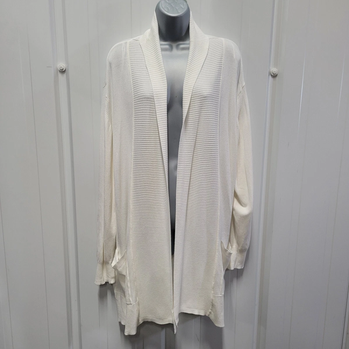 M S CREAM IVORY LONGLINE OPEN FRONT RIB KNIT CARDIGAN WITH POCKETS