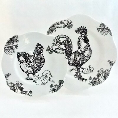 ''BARNYARD TOILE''  PORCELAIN PLATES BY SADEX, ROOSTER , HEN AND CHICKS