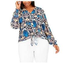 INC Womens Plus 0X Multicolor Floral Printed Button Up Tie Blouse Top NWT BJ28