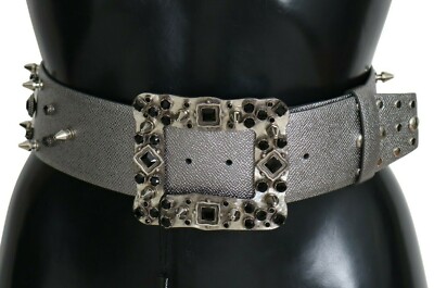 DOLCE & GABBANA Belt Silver Leather Crystal Stud Logo Buckle