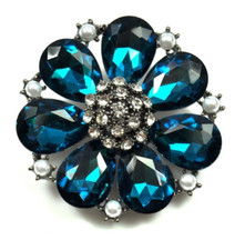 Teal Blue flower Crystals brooches Rhinestone Blue bridal pin Gift Woman Brooch