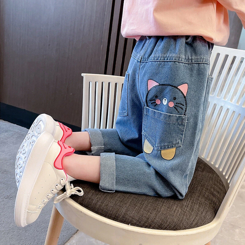 Children's cartoon jeans, cute cat blue jeans for boys and girls, casual