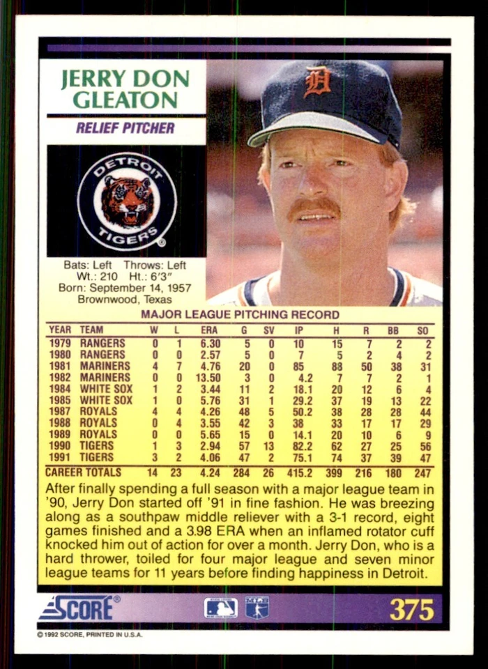 1992 Score Jerry Don Gleaton Detroit Tigers #375 - Image 2 of 2