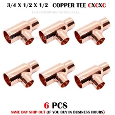 6 PC - 3/4" x1/2" x 1/2” COPPER REDUCING TEE FOR PLUMBING