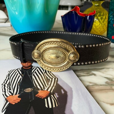 1992 GIANNI VERSACE belt black studded w/ oval Medallion buckle 90