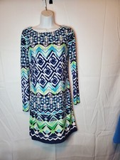 Vince Camuto Green Blue Geo Print Shift Dress Long Sleeve Lined Sz 2