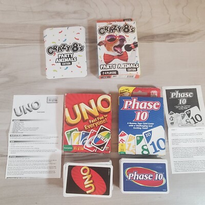Card Games Uno Phase 10 Crazy 8s Party Animal All Complete W Directions Lot 