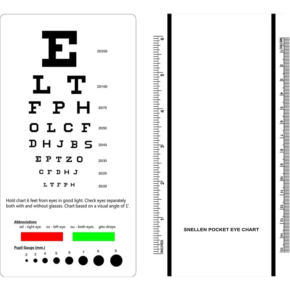 Gráfico de ojos Snellen dinámico tamaño de bolsillo tabla de pruebas oculares distancia de 6 pies 7 pulgadas x 4 pulgadas Foto 2 de 2