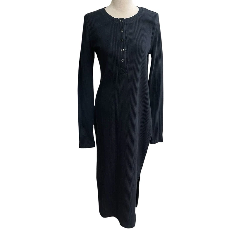 sweaty-betty ribbed knit long sleeve henley midi thumb hole 