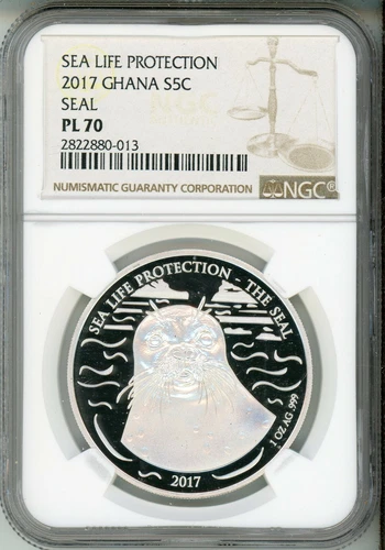 2017 GHANA 5 CEDIS SILVER "SEAL" NGC PL 70  SEA LIFE PROTECTION