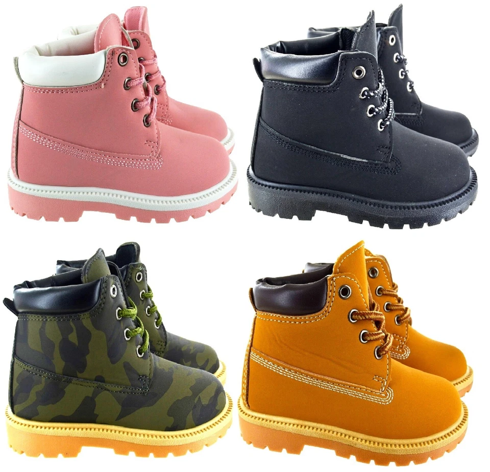 KIDS BOYS GIRLS CHILDRENS INFANTS FLAT ANKLE LACE UP HIKING RIDING COMBAT BOOTS