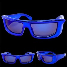 Sleek Modern Futuristic Biker Sporty Wrap SUNGLASSES Big Thick Blue Chrome Frame