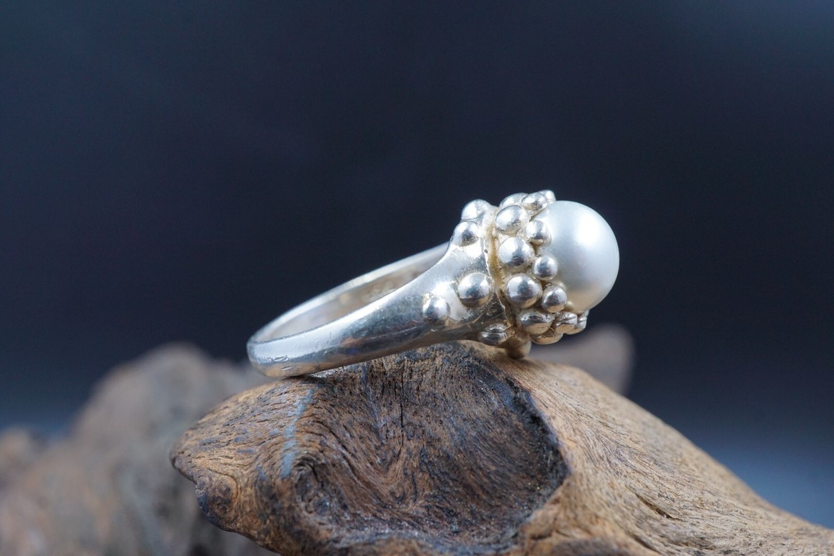 Signed SE Vintage Sterling Silver 925 & Faux Pearl Ring Size