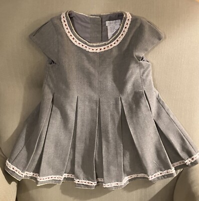 Tahari Baby Dress Gray W/ Metallic Embroidery Shimmer Fully Lined Sz 24 Mo-B16