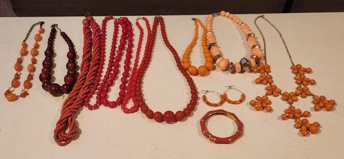 Vtg to Modern Oranges, Red, Corals, Costume Jewelry Lot 12 pieces very nice