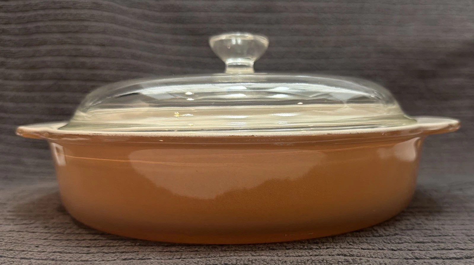 Vtg MCM Fire King 450 Peach Tan Luster 8 Inch Pie Casserole Baking Dish 407 Lid