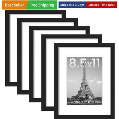8.5x11 Picture Frame Set of 5, Display Pictures 6x8 with Mat or 8.5 by 11 Wit...