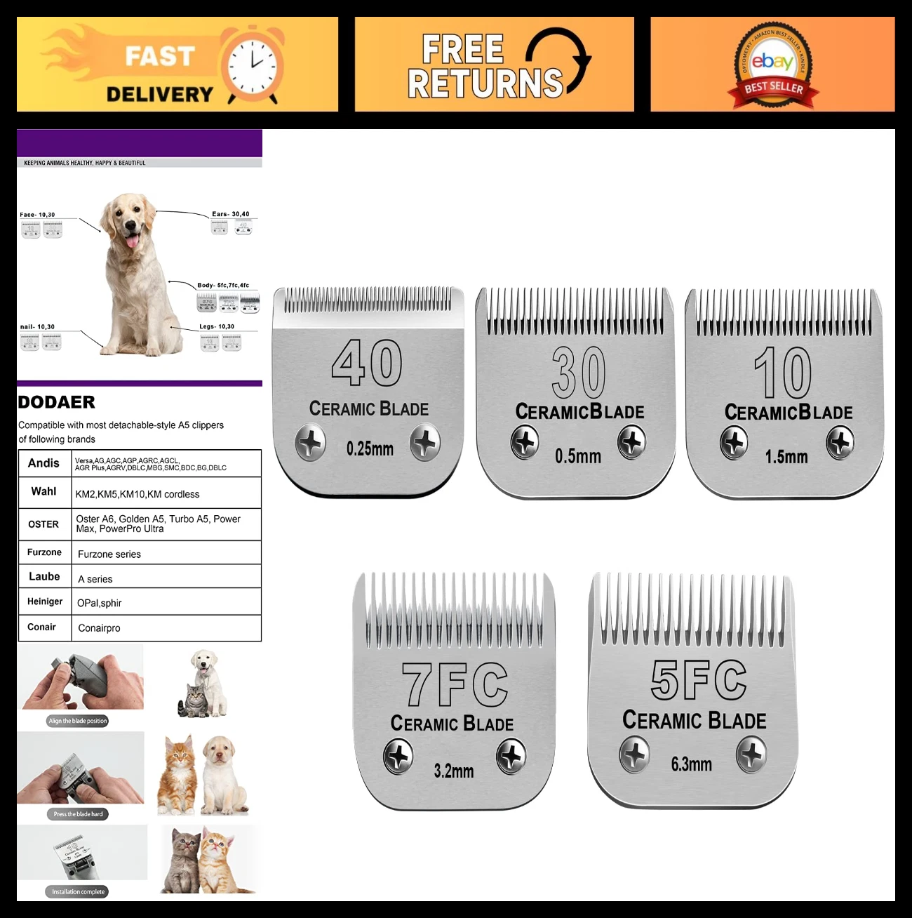 Detachable Pet Clipper Blades Set - Size 10/30/40/5FC/7FC, Ceramic & Stainless S
