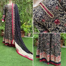 Pakistani Black Long Maxi Style Embroidered Sequins work Chiffon Dress,M