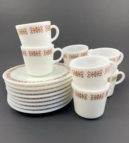Service For 8 Vintage Pyrex Milk Glass Copper Filigree Coffee Tea Cups