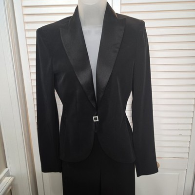 Y2k Vintage Ladies Sexy Caché Black Tuxedo Split Flare Leg 2 Pc Pant Suit  Size 2