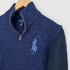 RALPH LAUREN Sweater Youth L 14-16 Big Pony 1/4 Zip Pullover Cotton Blue