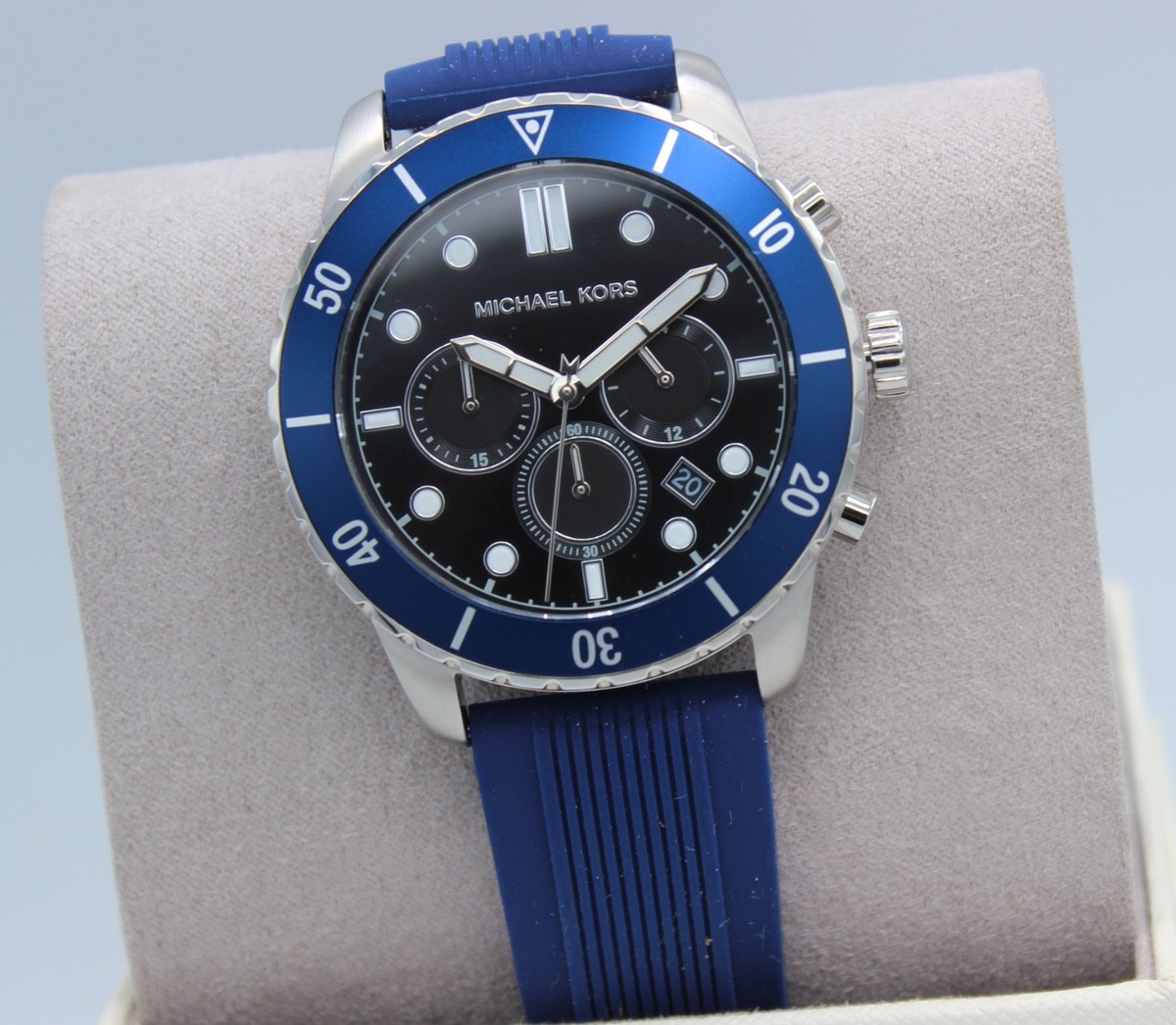 New Authentic Michael Kors Cunningham Silver Blue Silicone Men's