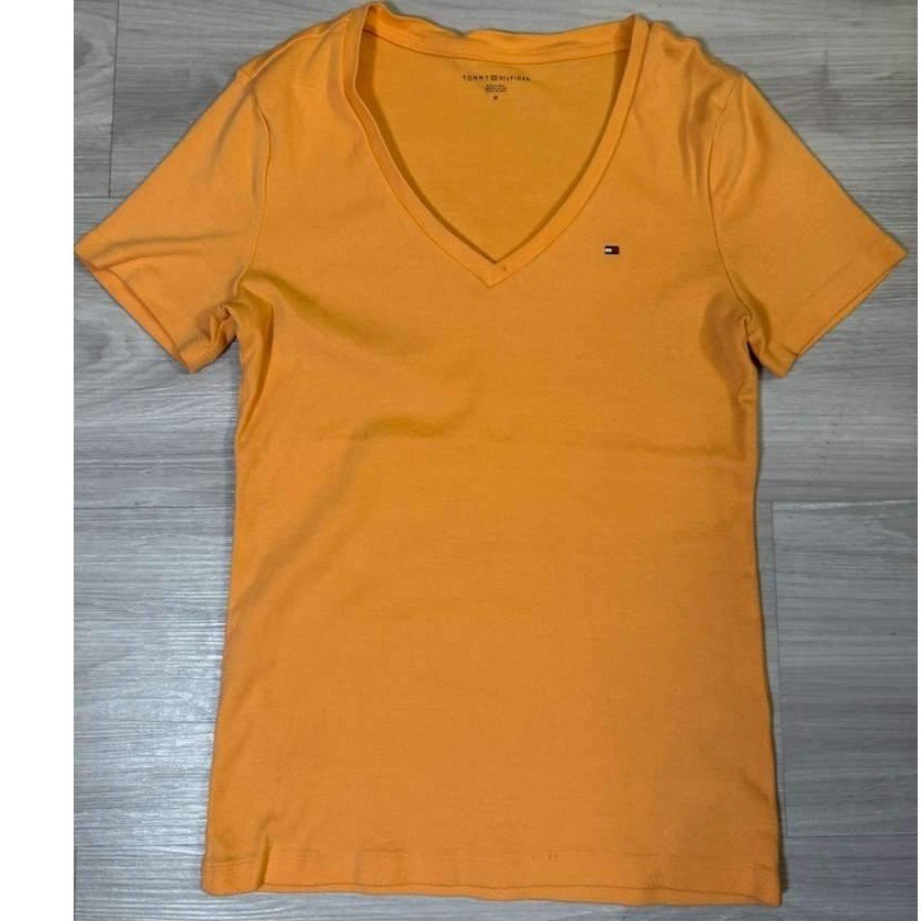 Tommy Hilfiger Women Orange V Neck Short Sleeve T Shirt Tee Top Size M