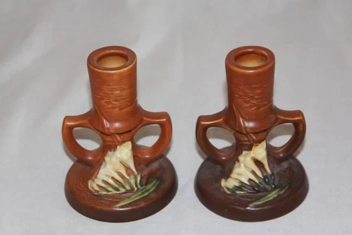 Roseville FREESIA BROWN 1945 Mid Century Modern Pottery Candle Holders 1161-4
