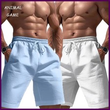 Men Linen Cotton Shorts Elastic Waist Summer Casual Sports