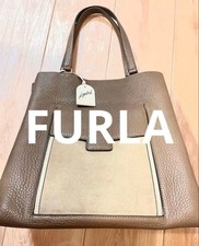 FURLA Italian Design Shibogawa Shrink Leather Tote Bag Beige Spacious Handbag