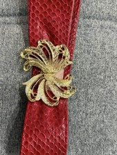 Vintage Red Snake Skin Embossed Waist Belt Gold Filigree Buckle 80s Retro Glam
