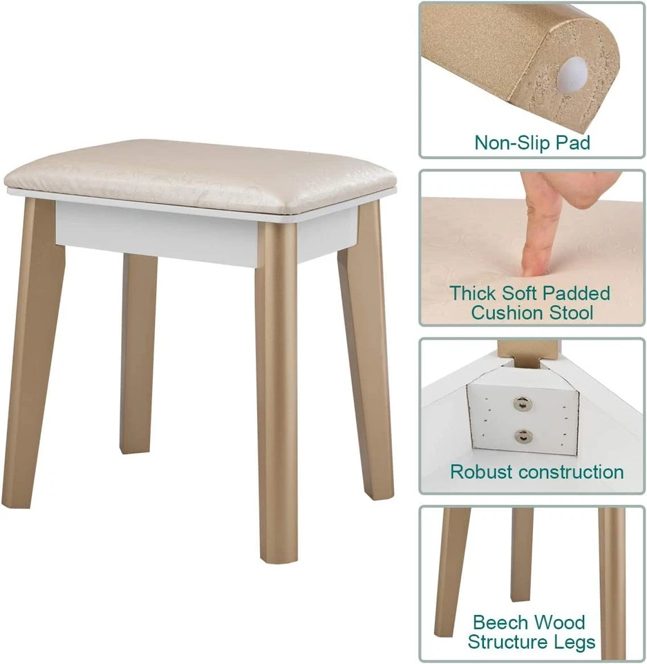 Juego de Tocador, Pantalla Táctil LED Espejo Redondo, Tocador con Taburete Acolchado... Foto 4 de 4