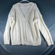 Lucky Brand Women's Sweater Size M White Fuzzy Knit V-Neck Soft Cozy Polyester