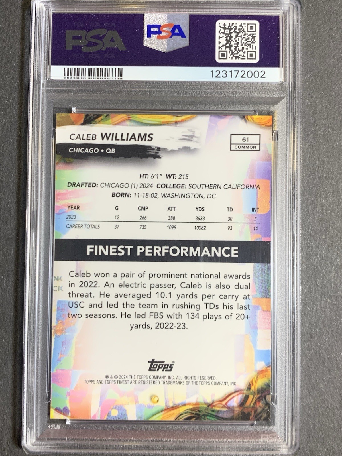 2024 Topps Finest Caleb Williams #61 Gold Refractor /50 (RC) PSA 10 GEM view 4