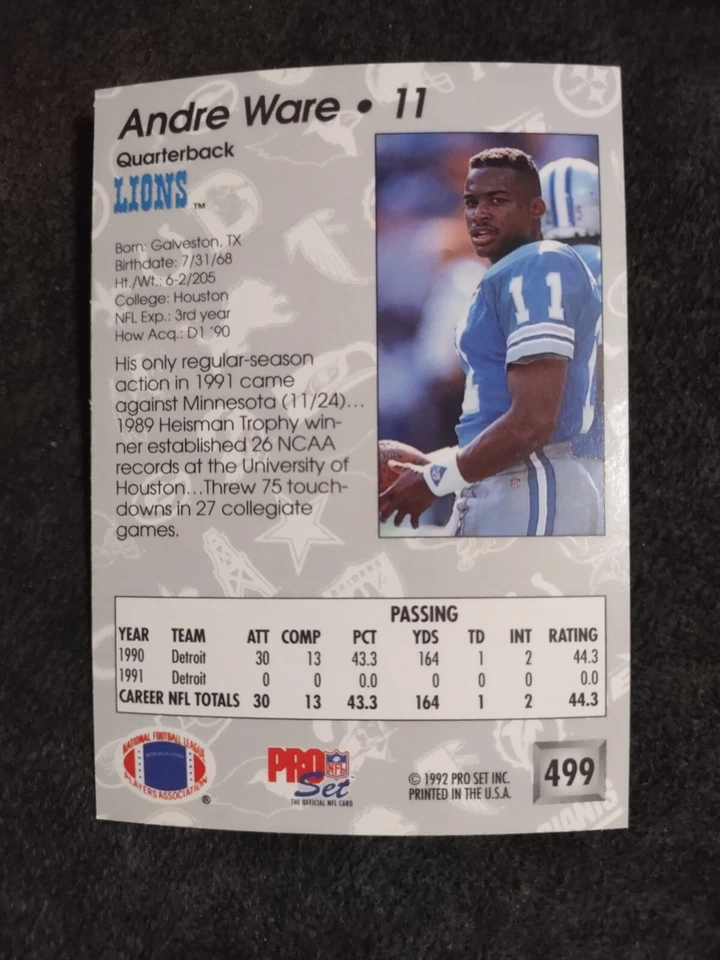1992 Pro Set #499 Andre Ware - Detroit Lions Football Card - Image 2 of 2