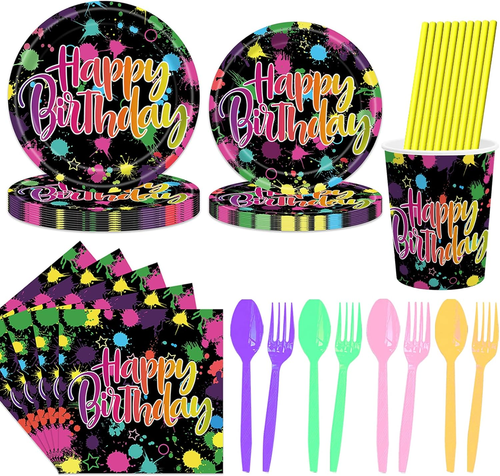 168 Pcs Neon Glow Birthday Party Tableware Set, Party Table Decorations Supplies