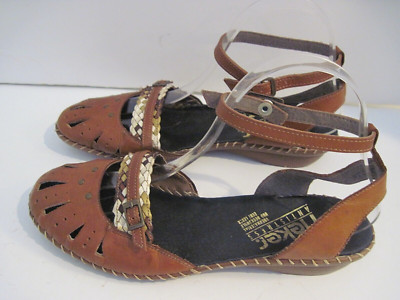 Rieker Brown Leather Laser Cutout Sandals Leather Band With Buckle Front Size 38