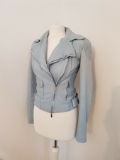 Karen Millen Pale Blue Leather Biker Jacket Uk 8 Us 4 Eu 36