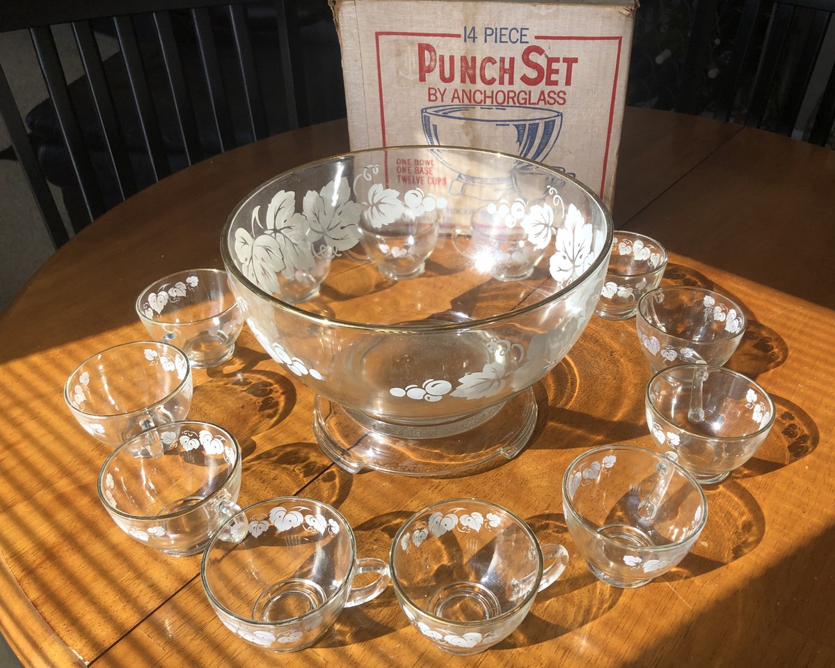 Vintage 14 Piece Anchor Glass Punch Bowl Set unused in Box USA Gold Trim 12  cups | eBay