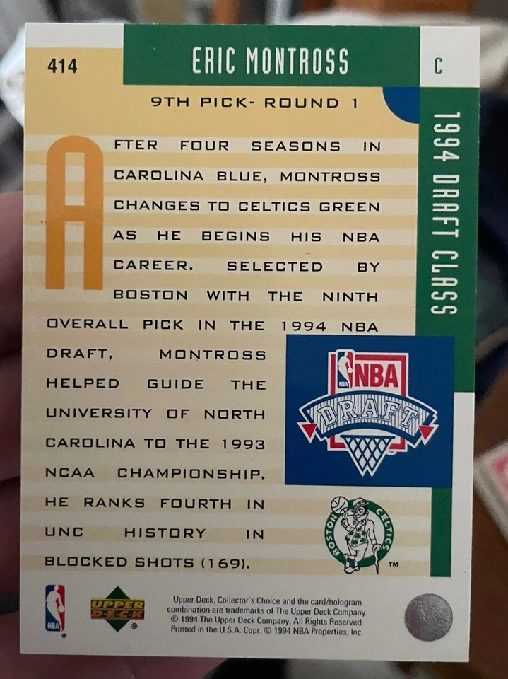Tarjeta de novato Eric Montross 1994-95 Collectors Choice RC #414 Boston Celtics Foto 2 de 2
